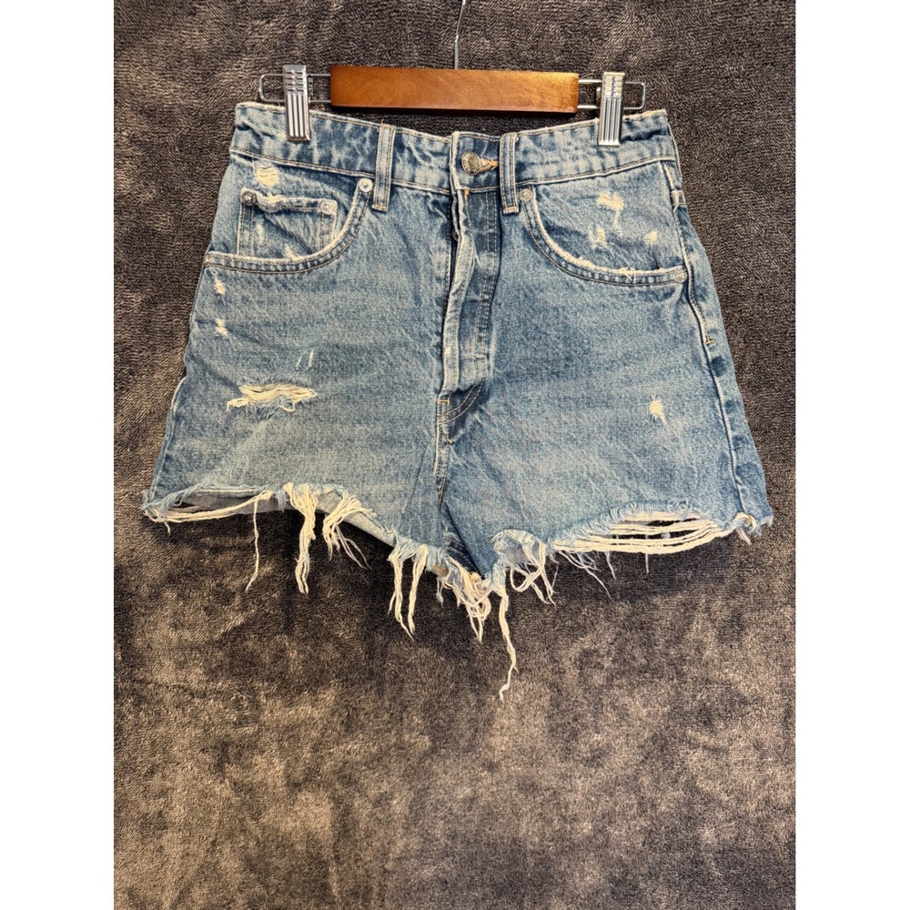 ZaraWomens HighWaisted Distressed Denim Shorts Light Wash Blue Size 2 Button Fly